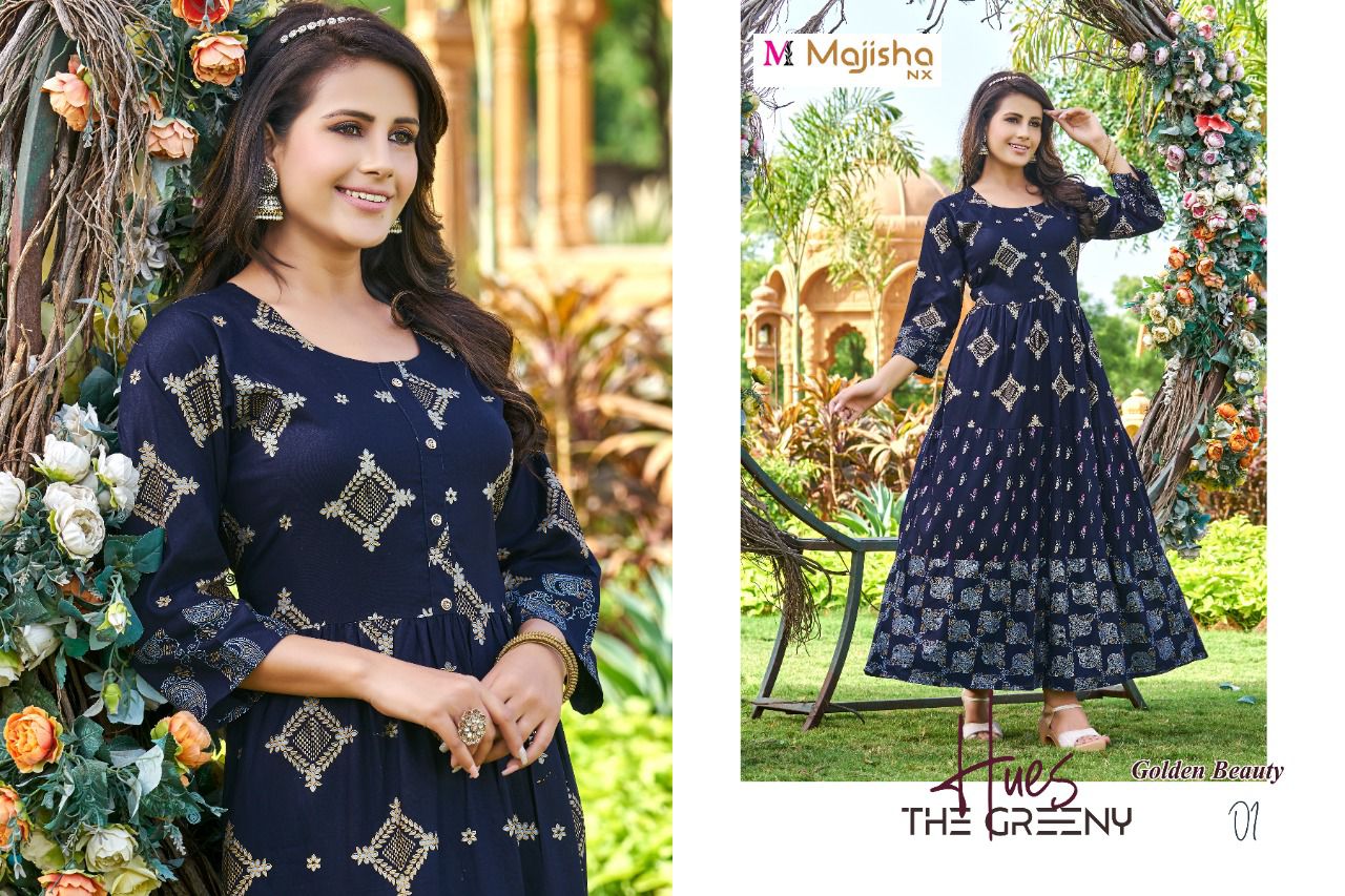 Majisha Nx Golden Beauty Ethnic Wear Rayon Long Anarkali Kurti Collection